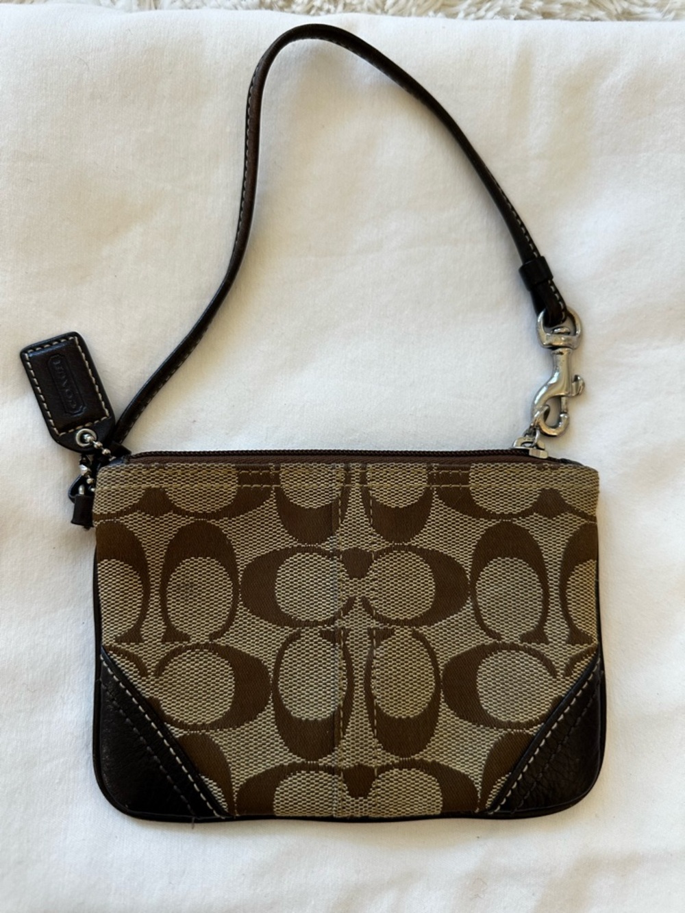 COACH Signature Canvas Small Shoulder Bag Brown Tan Leather Wristlet Y2K Purse